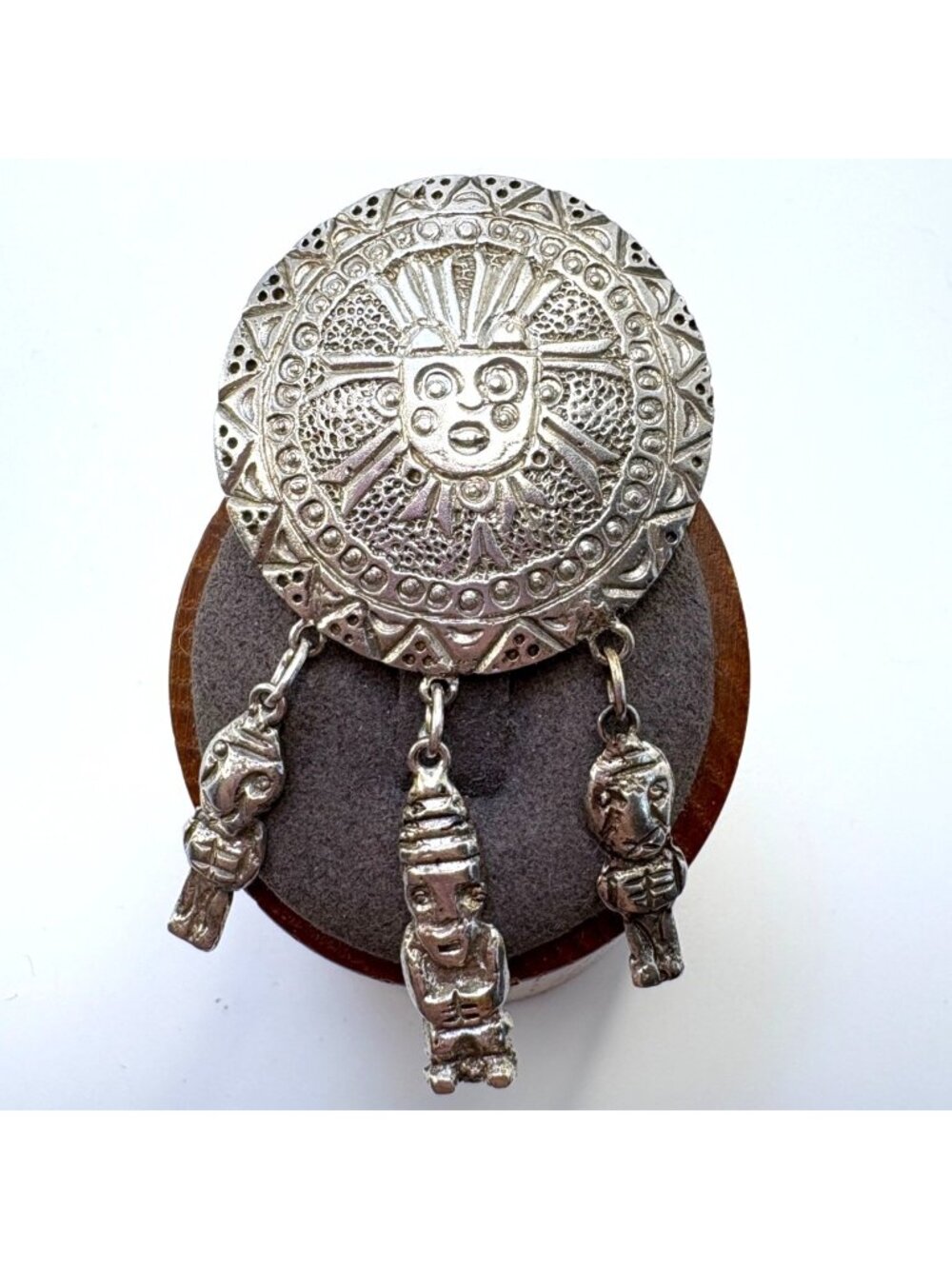 Aztec Tribal Design Tassel Circle Brooch Vintage 900 Silver Size 2.75'' Length